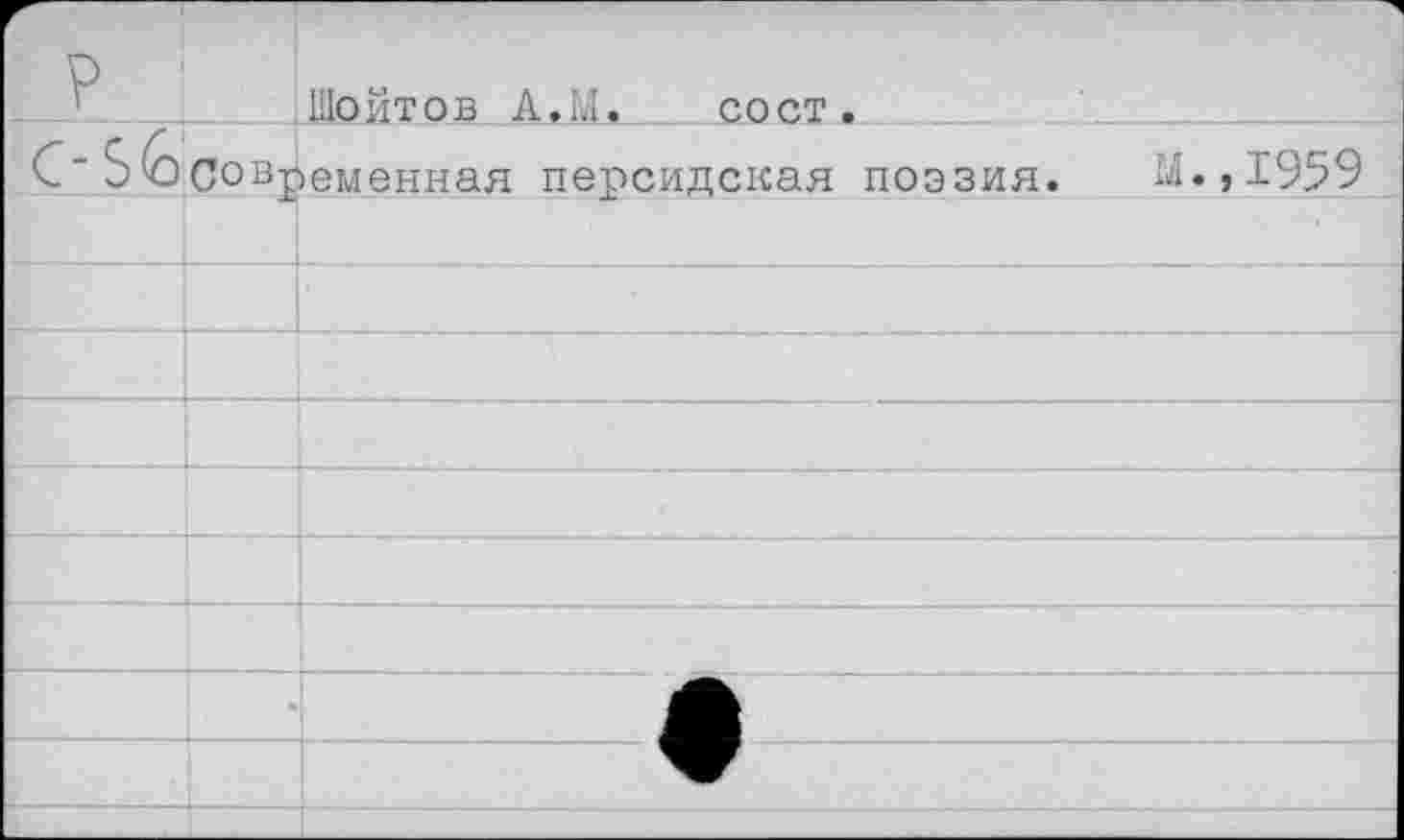 ﻿р		Шойтов А.М. сост.
С-56	Современная персидская поэзия. М.,1959	
		
		
		
		
		
		
	*	
		
		